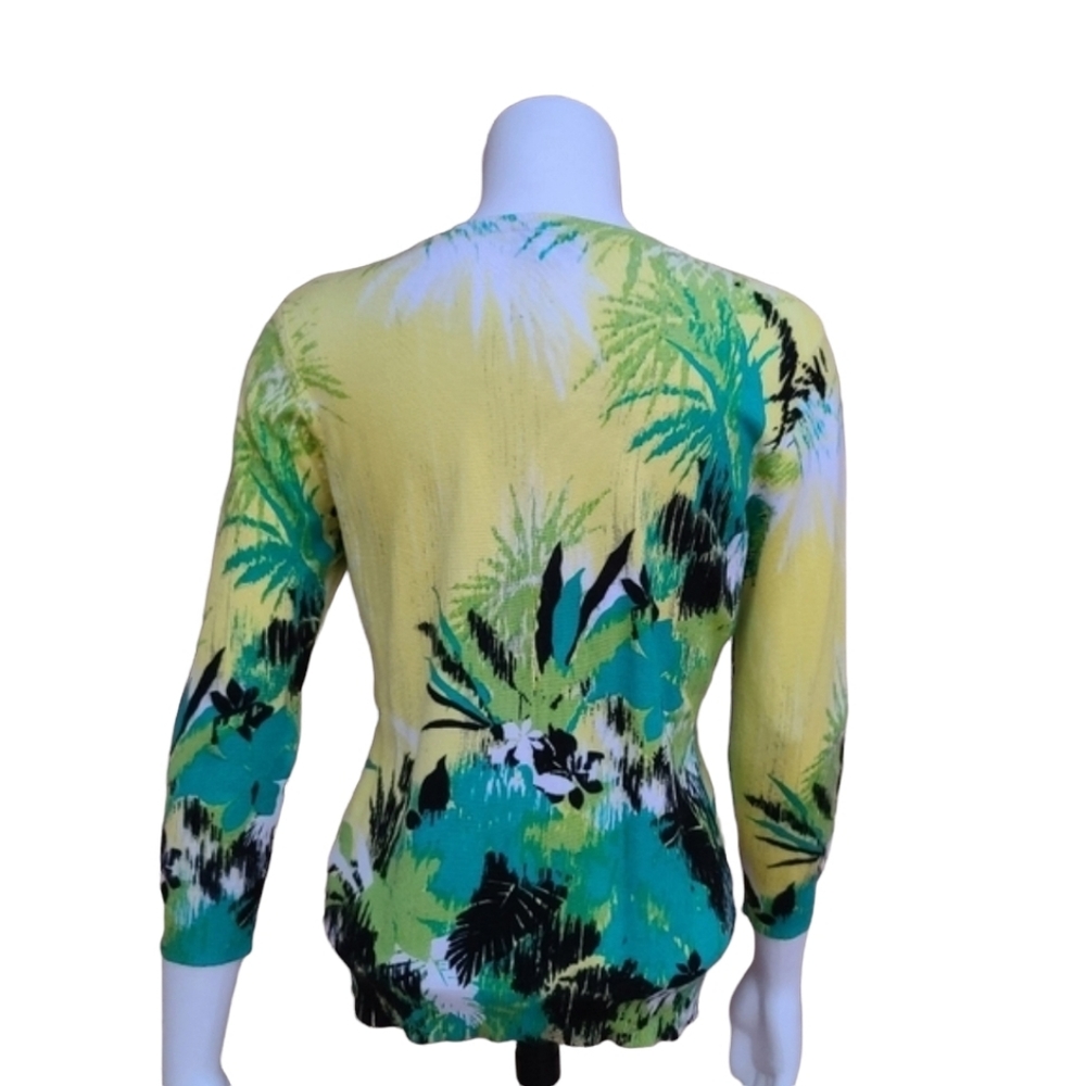 Tropical Floral Lightweight Cardigan Sweater PM Yellow Green Button Front 3/4 - Picture 4 of 15